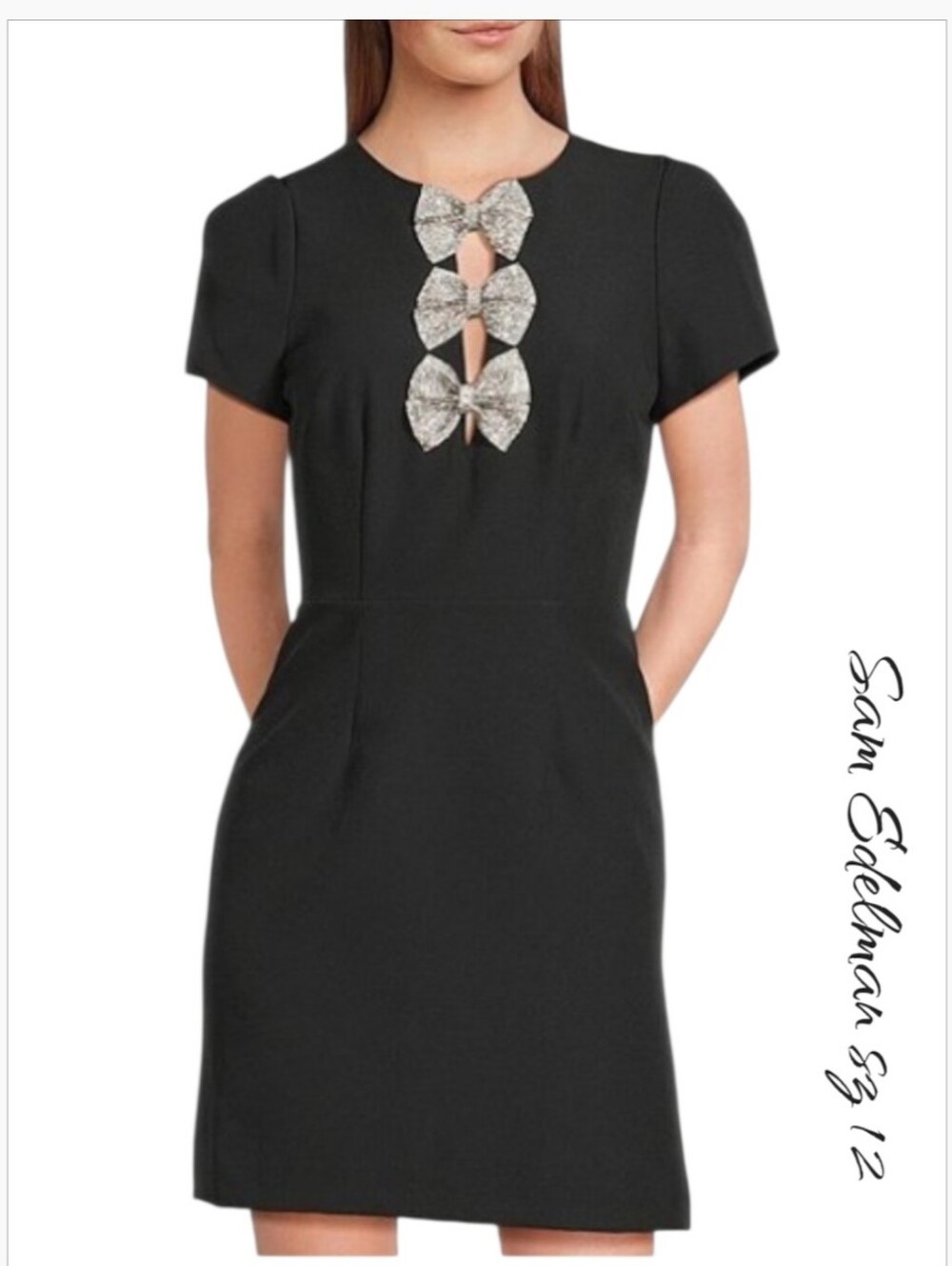 Sam Edelman Black Rhinestone Bow Cutout Sheath Mini Dress Size 12 NWT